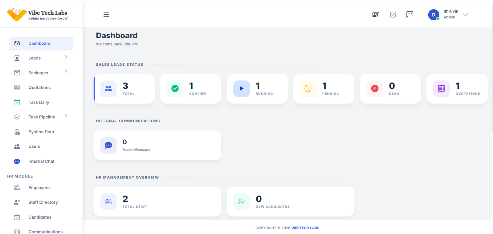 <h2 data-path-to-node="2"><span style="background-color: rgb(255, 255, 255); color: rgb(0, 0, 0); font-size: 13px;">Efficiency in business operations requires a single source of truth. Our team developed the </span><b data-path-to-node="3" data-index-in-node="92" style="background-color: rgb(255, 255, 255); color: rgb(0, 0, 0); font-size: 13px;">VTL CRM</b><span style="background-color: rgb(255, 255, 255); color: rgb(0, 0, 0); font-size: 13px;">, a custom-built, high-performance management dashboard designed to streamline workflows across multiple departments. This PHP-powered platform centralizes communication, sales tracking, and human resources into an intuitive, "cinematic" interface that empowers data-driven decision-making.</span></h2><h3 data-path-to-node="4"><b data-path-to-node="4" data-index-in-node="0">Core Modules &amp; Functionality</b></h3><h4 data-path-to-node="5"><b data-path-to-node="5" data-index-in-node="0">1. Sales &amp; Lead Management Module</b></h4><p data-path-to-node="6">Designed for <b data-path-to-node="6" data-index-in-node="13">Sales Managers</b>, this module provides real-time visibility into the revenue pipeline.</p><ul data-path-to-node="7"><li><p data-path-to-node="7,0,0"><b data-path-to-node="7,0,0" data-index-in-node="0">Visual Status Tracking:</b> High-impact cards display total, confirmed, running, pending, and "dead" leads at a glance.</p></li><li><p data-path-to-node="7,1,0"><b data-path-to-node="7,1,0" data-index-in-node="0">Quotation Engine:</b> A dedicated section for generating and tracking formal quotes, ensuring no sales opportunity is lost.</p></li><li><p data-path-to-node="7,2,0"><b data-path-to-node="7,2,0" data-index-in-node="0">Task Pipeline:</b> An automated workflow that moves leads from initial contact to "Confirmed" status through a structured funnel.</p></li></ul><h4 data-path-to-node="8"><b data-path-to-node="8" data-index-in-node="0">2. HR Management (HRM) Module</b></h4><p data-path-to-node="9">This module provides <b data-path-to-node="9" data-index-in-node="21">HR Managers</b> with a comprehensive toolkit to manage the internal workforce.</p><ul data-path-to-node="10"><li><p data-path-to-node="10,0,0"><b data-path-to-node="10,0,0" data-index-in-node="0">Employee &amp; Staff Directory:</b> A centralized database for managing employee profiles, roles, and professional documentation.</p></li><li><p data-path-to-node="10,1,0"><b data-path-to-node="10,1,0" data-index-in-node="0">Candidate Tracking:</b> A dedicated pipeline for recruitment, allowing HR to monitor "New Candidates" and the hiring lifecycle.</p></li><li><p data-path-to-node="10,2,0"><b data-path-to-node="10,2,0" data-index-in-node="0">Payroll &amp; Communications:</b> Integrated systems for internal announcements and future-ready payroll/tax calculation features.</p></li></ul><h4 data-path-to-node="11"><b data-path-to-node="11" data-index-in-node="0">3. Internal Communications &amp; Tech Module</b></h4><p data-path-to-node="12">Built for <b data-path-to-node="12" data-index-in-node="10">System Admins and Tech Leads</b> to ensure seamless internal operations.</p><ul data-path-to-node="13"><li><p data-path-to-node="13,0,0"><b data-path-to-node="13,0,0" data-index-in-node="0">Internal Chat:</b> A real-time messaging system (AJAX-powered) that reduces reliance on third-party apps and keeps company data secure.</p></li><li><p data-path-to-node="13,1,0"><b data-path-to-node="13,1,0" data-index-in-node="0">System Data:</b> A high-level administrative view for managing global settings, database configurations, and platform health.</p></li><li><p data-path-to-node="13,2,0"><b data-path-to-node="13,2,0" data-index-in-node="0">Task Daily:</b> A productivity tracker that allows team members to log daily progress and sync with project milestones.</p></li></ul><h3 data-path-to-node="14"><b data-path-to-node="14" data-index-in-node="0">Technologies Used</b></h3><p data-path-to-node="15">To ensure the dashboard is both fast and visually premium, we utilized a modern full-stack approach:</p><ul data-path-to-node="16"><li><p data-path-to-node="16,0,0"><b data-path-to-node="16,0,0" data-index-in-node="0">Frontend:</b> HTML5, CSS3, JavaScript (Vanilla &amp; jQuery), and <b data-path-to-node="16,0,0" data-index-in-node="58">Bootstrap</b> for a fully responsive, mobile-ready layout.</p></li><li><p data-path-to-node="16,1,0"><b data-path-to-node="16,1,0" data-index-in-node="0">Backend:</b> <b data-path-to-node="16,1,0" data-index-in-node="9">Core PHP / Laravel</b> (utilizing the latest Laravel 13 features) for robust server-side logic.</p></li><li><p data-path-to-node="16,2,0"><b data-path-to-node="16,2,0" data-index-in-node="0">Database:</b> <b data-path-to-node="16,2,0" data-index-in-node="10">MySQL</b>, optimized with relational schema for fast data retrieval across large lead volumes.</p></li><li><p data-path-to-node="16,3,0"><b data-path-to-node="16,3,0" data-index-in-node="0">UI/UX Design:</b> A clean, "Glassmorphism" inspired design with soft-shadow cards and a high-contrast sidebar for superior readability.</p></li></ul><h3 data-path-to-node="17"><b data-path-to-node="17" data-index-in-node="0">User Roles &amp; Access Control</b></h3><p data-path-to-node="18">The system is built with a strictly tiered <b data-path-to-node="18" data-index-in-node="43">Role-Based Access Control (RBAC)</b> system:</p><ul data-path-to-node="19"><li><p data-path-to-node="19,0,0"><b data-path-to-node="19,0,0" data-index-in-node="0">Admin:</b> Full access to all modules, including System Data and User Management.</p></li><li><p data-path-to-node="19,1,0"><b data-path-to-node="19,1,0" data-index-in-node="0">Sales Manager:</b> Full access to Leads, Packages, and Quotations without seeing HR/Payroll sensitive data.</p></li><li><p data-path-to-node="19,2,0"><b data-path-to-node="19,2,0" data-index-in-node="0">HR Manager:</b> Access to the HR Module, Staff Directory, and Candidate lists.</p></li><li><p data-path-to-node="19,3,0"><b data-path-to-node="19,3,0" data-index-in-node="0">Staff/Employee:</b> Access to personal tasks, internal chat, and the staff directory.</p></li></ul><h3 data-path-to-node="20"><b data-path-to-node="20" data-index-in-node="0">Client &amp; Business Benefits</b></h3><p data-path-to-node="21">Since the implementation of the VTL CRM, the organization has achieved:</p><ul data-path-to-node="22"><li><p data-path-to-node="22,0,0"><b data-path-to-node="22,0,0" data-index-in-node="0">Centralized Operations:</b> Eliminated data silos by bringing Sales and HR into one dashboard.</p></li><li><p data-path-to-node="22,1,0"><b data-path-to-node="22,1,0" data-index-in-node="0">Real-time Insights:</b> Managers can see "Running" vs "Dead" leads instantly, allowing for faster intervention.</p></li><li><p data-path-to-node="22,2,0"><b data-path-to-node="22,2,0" data-index-in-node="0">Scalability:</b> The modular PHP architecture allows for the easy addition of new features (like the upcoming AI-lead summary integration).</p></li><li><p data-path-to-node="22,3,0"><b data-path-to-node="22,3,0" data-index-in-node="0">Improved Security:</b> A secure, local-hosted environment for internal chats and sensitive employee data.</p></li></ul><h3 data-path-to-node="23"><b data-path-to-node="23" data-index-in-node="0">Conclusion</b></h3><p data-path-to-node="24">The <b data-path-to-node="24" data-index-in-node="4">VTL CRM</b> is more than just a dashboard; it is the digital backbone of the organization. By blending modern PHP development with a clean, user-centric design, we have created a tool that doesn't just store data—it drives growth.</p><p data-path-to-node="25">At <b data-path-to-node="25" data-index-in-node="3">Vibe Tech Labs</b>, we believe that professional software should be as beautiful as it is functional. The VTL CRM is a prime example of how custom technology can transform daily business management.</p>